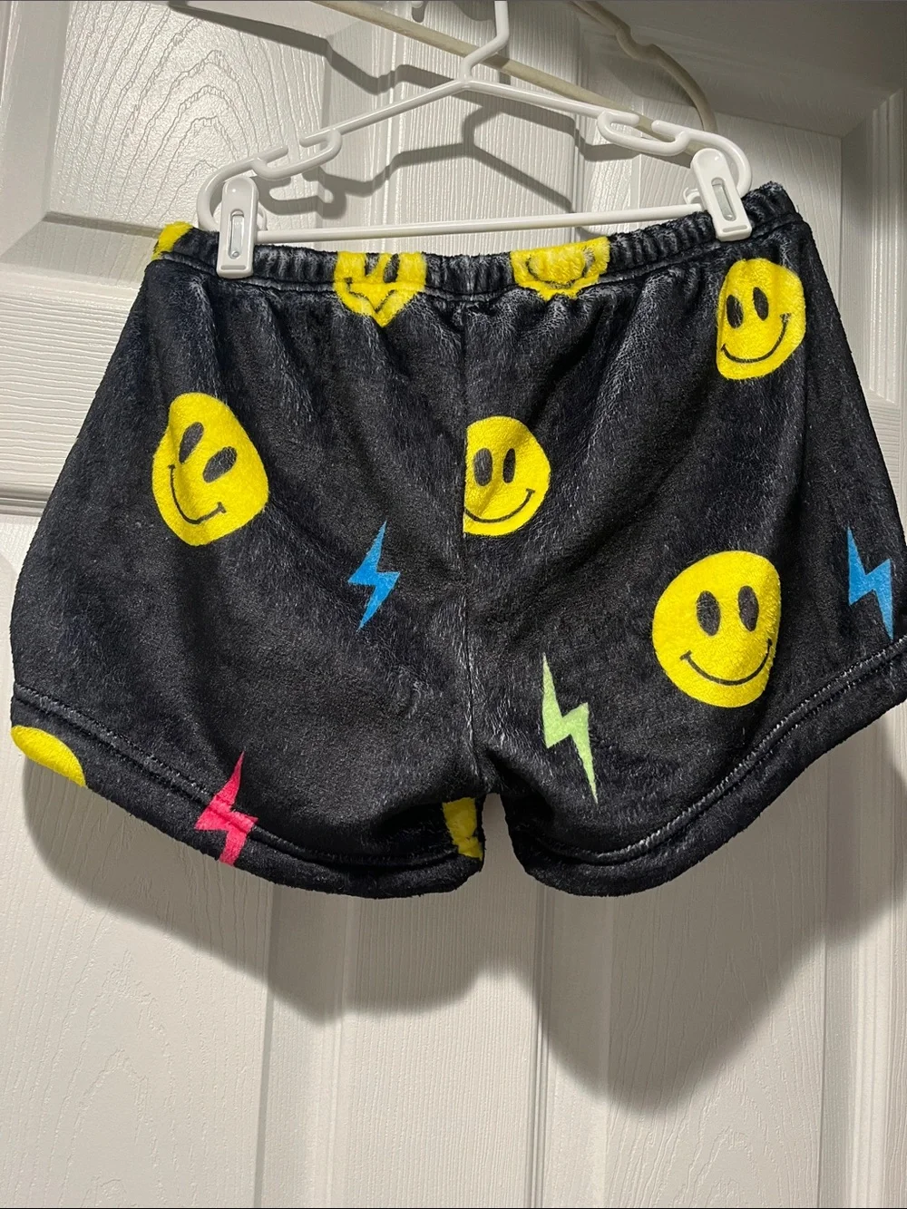 NWOT Girls' Black Plush Smiley Face Pajama Shorts with Neon Lightning